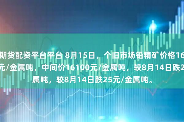 期货配资平台平台 8月15日，个旧市场铅精矿价格16050-16150元/金属吨，中间价16100元/金属吨，较8月14日跌25元/金属吨。